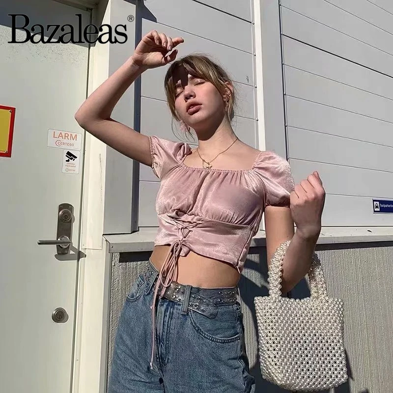 Bazaleas шикарная Розовая как шелк ropa mujer модная женская блузка с открытыми плечами