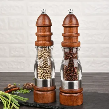 

2pcs/set Pepper Salt Mill Grinder Solid Wood and Acrylic Bottle Hand Ceramic Grinding Mechanism Spice Peper Kitchen BBQ Mills