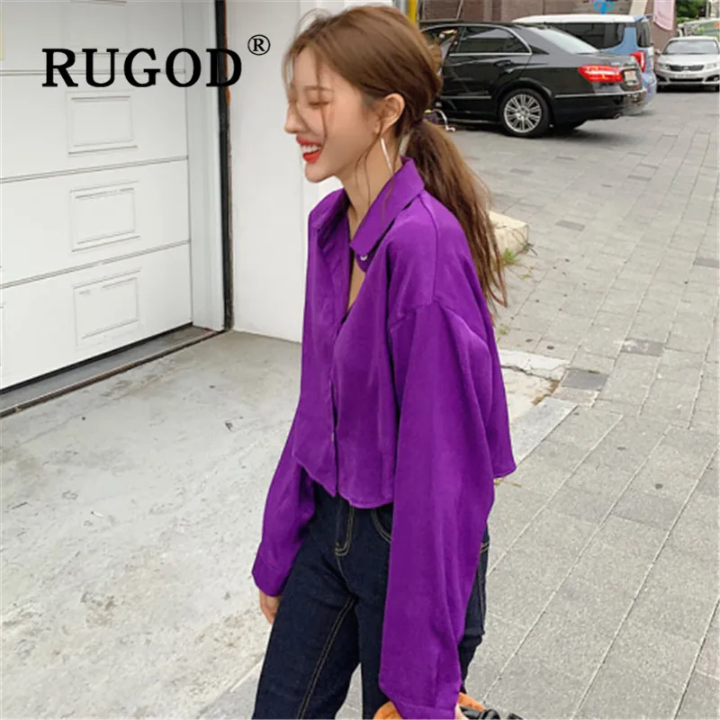 RUGOD Новая модная женская блузка фиолетового цвета с отложным воротником и длинным рукавом, свободная короткая стильная рубашка, элегантные женские корейские Топы