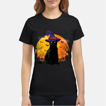 

Nice Vintage Scary Costume Halloween Black Cat Witch Hat Moon Women's T-Shirt