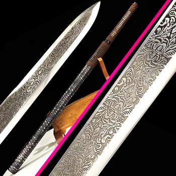 

Carved Designs Blade Sharp High Manganese Steel Chinese KungFu Dao Sword Leather Scabbard WuShu Tang Dynasty Saber Jian