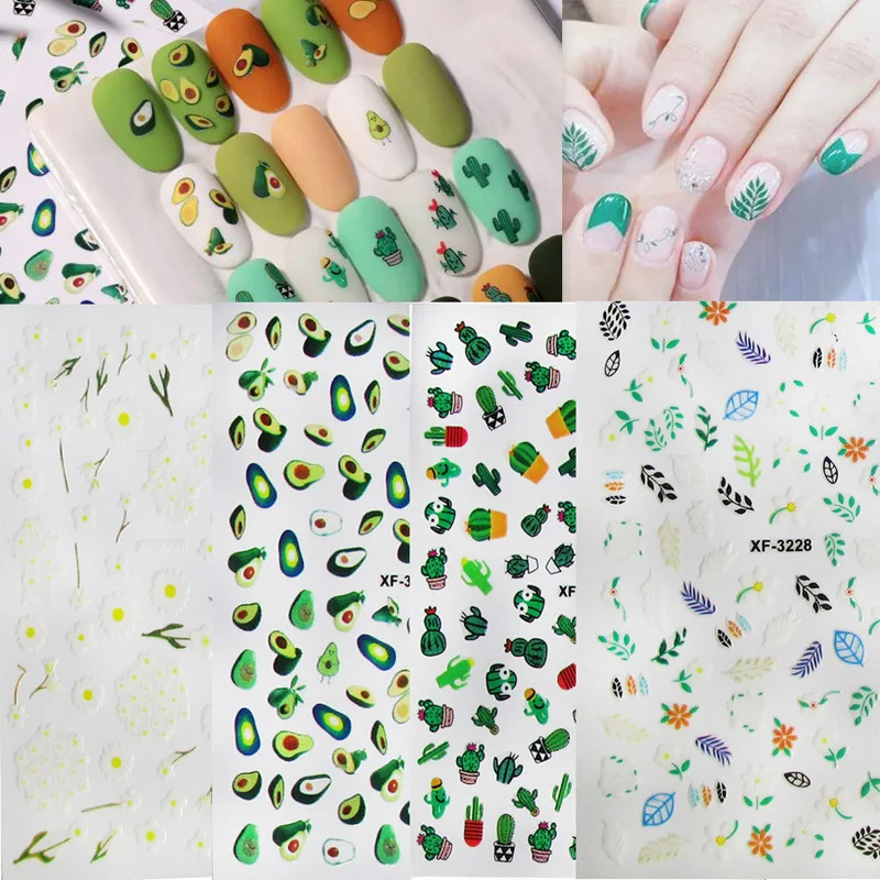 5pc 3D Flower Avocado Nail Art Stickers Decals Cactus Daisy Leaf Nail Foil Decals Nail Stickers Decoration for Women Girls Kids