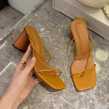 

2020 Summer New Concise Women Block High Heels Slides Mules Flip Flops Open Toe White Black Heels Slippers Female Party Shoes