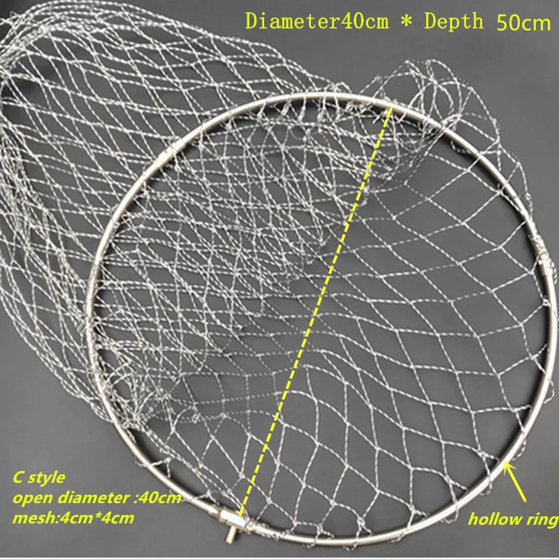 Полое кольцо из нержавеющей стали, крепкая нейлоновая сетка, D40cm-60cm, сачок для головы, рыболовная сеть, рыболовная сеть, сачок для улицы