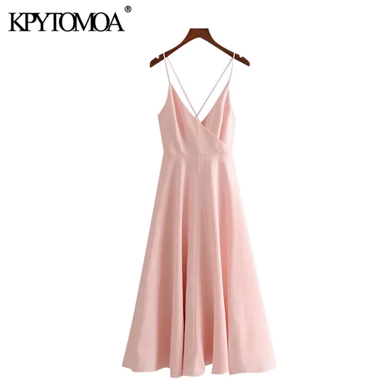 KPYTOMOA Women 2020 Chic Fashion Backless Bow Tied Midi Dress Vintage V Neck Cross Thin Straps Female Dresses Vestidos Mujer KPYTOMOA Women 2020 Chic Fashion Backless Bow Tied Midi Dress Vintage V Neck Cross Thin Straps Female Dresses Vestidos Mujer