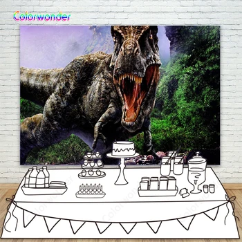 

Vivid Dinosaur Backdrop for Baby Shower Custom Green Jungle Forest Happy 1st Birthday Party Dinosaur Background Cake Table Decor