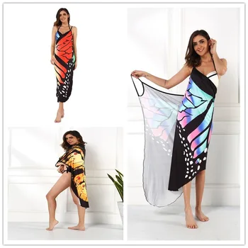 2020 Summer Women Beach Wear Tunic Bikini Bath Sarong Wrap Skirt Swimsuit Cover Up Butterfly Print Sexy Cover-Ups Dress Swimwear 2