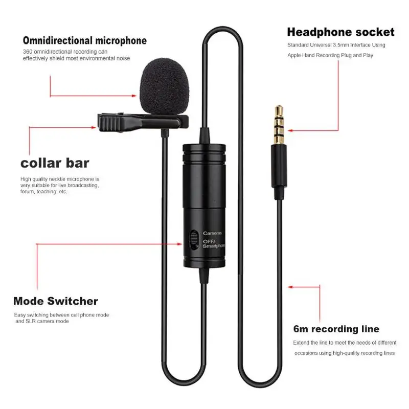 3.5mm Studio Speech Clip On Lapel Condenser Microphone for Interview Recording Line Length 20 Feet Directivity Omnidirectivity
