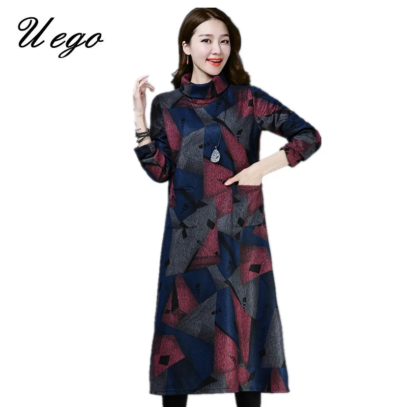 

Uego 2019 New Arrival Thicken Fleece Warn Winter Dress Turtleneck Pockets Print Floral Vintage Woolen Dress Women Casual Dress