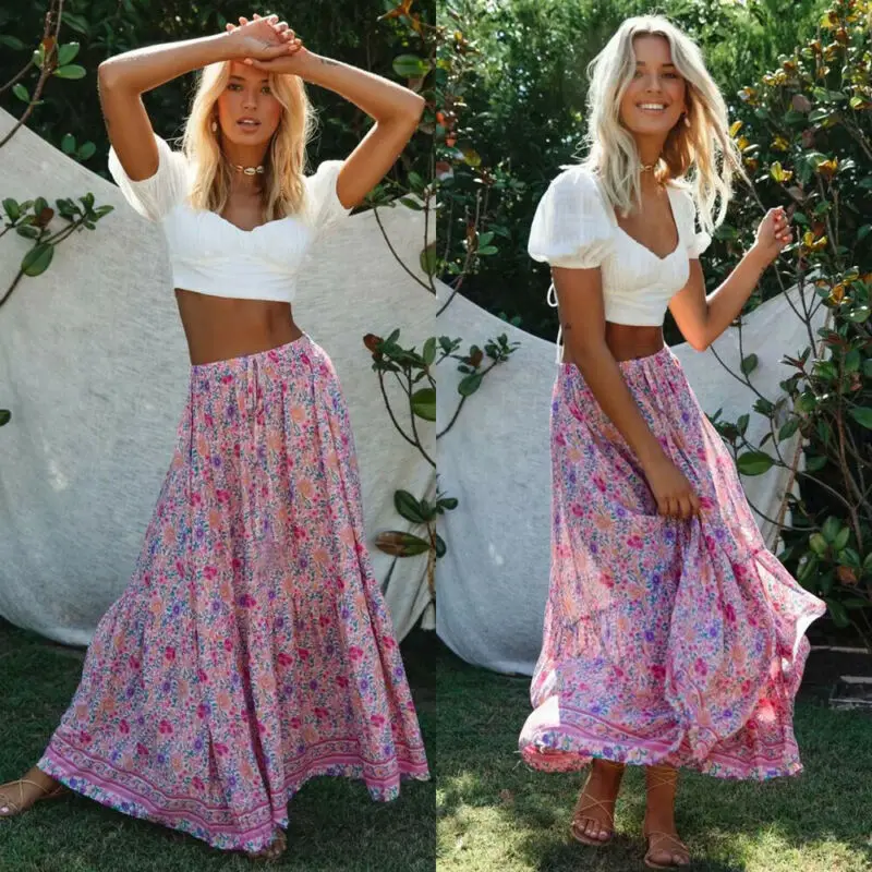 Vintage Women High Waist Long Skirt Elegant Ladies Floral Printed Holiday Maxi Skirt Ladies Beach Skirts Sundress Plus Size