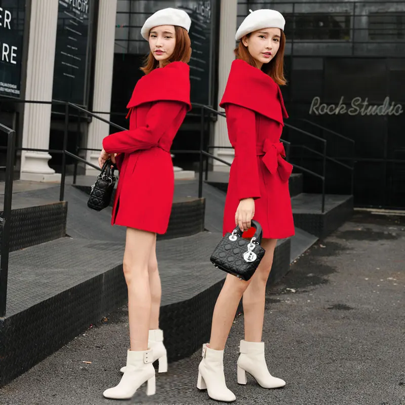 Новое шерстяное пальто Женская длинная куртка красная куртка женская верхняя одежда осень-зима модный пояс тонкая шерстяная Женская куртка