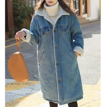 Women's Denim Parkas Winter Plush Pocket Baggy Coat Vintage Koreaanse Long Sleeve Single Breasted Solid Color Warm Long Parkas