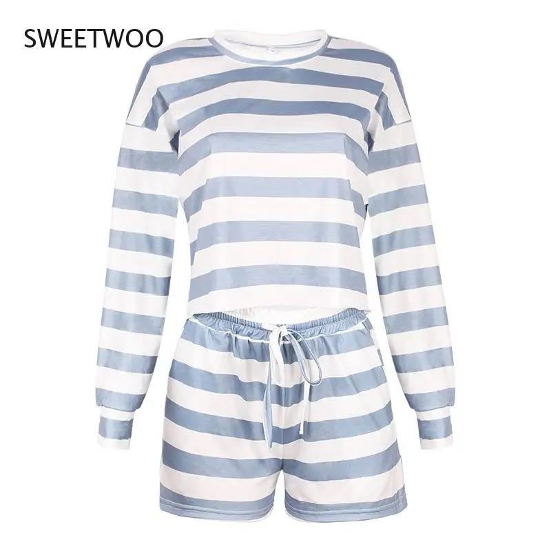 2021 Spring and Summer New Striped Printing Round Neck Long-Sleeved Casual Suit Home Wear Pajamas Women