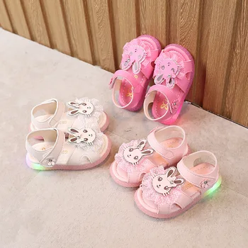 

Summer toddler Girls Sandals Lace Rabbit Cartoon Sandals Lighting LED Anti-slip Small small Girl Shoes Flat Heel Soft Sole