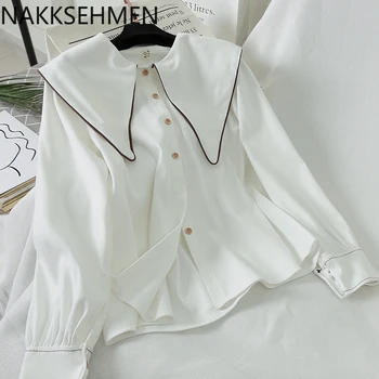 

2020 new loose single breasted elegant lady shirt with fashionable baby collar shirt long sleeve