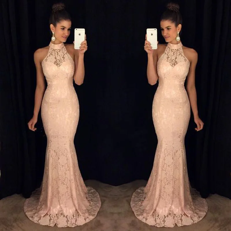 

Fashion Pink Mermaid Night Dress 2020 Long Fishrail Bridesmaid Gowns Women Halter Floor Length Wedding Party Maxi Dress Vestidos