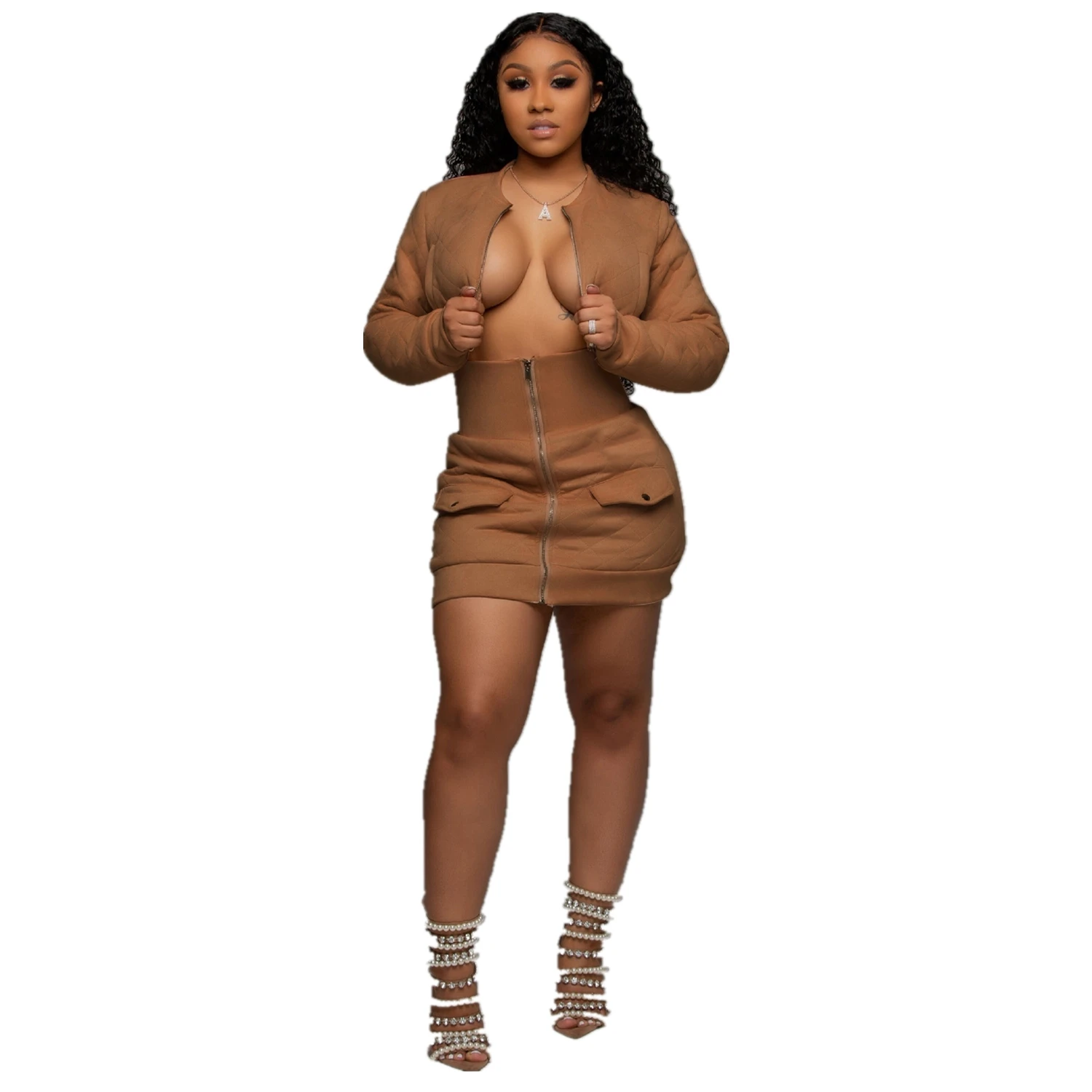 Khaki Однотонный неоновый сексуальный комплект из 2 предметов, клубный наряд для женщин, длинный рукав, передняя молния, Укороченное пальто+ высокая талия, мини-юбка, комплект - Цвет: Khaki