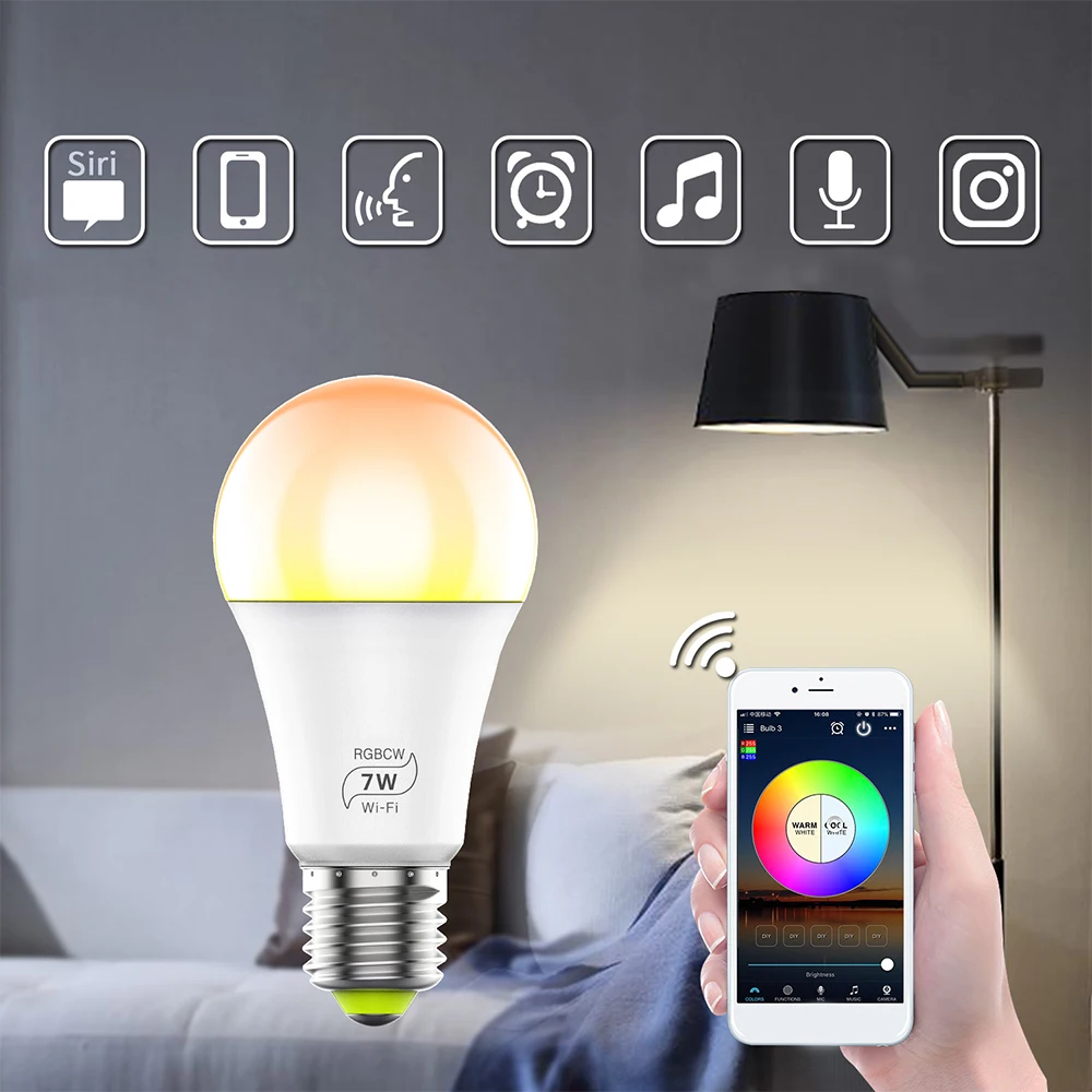 Музыка RGB E27 смарт-лампочка WIFI с регулируемой яркостью Wake-Up музыкальным ритмом освещение Совместимость дома смартфон