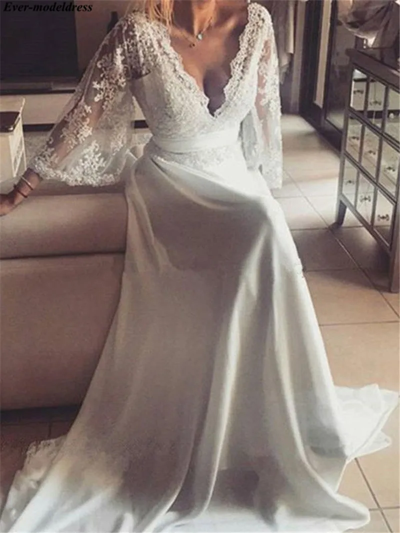 Boho свадебные платья, Пляжное кружевное шифоновое платье с расклешенными рукавами, открытая спина, длинные рукава, свадебные платья, платье невесты, Robe De Mariee