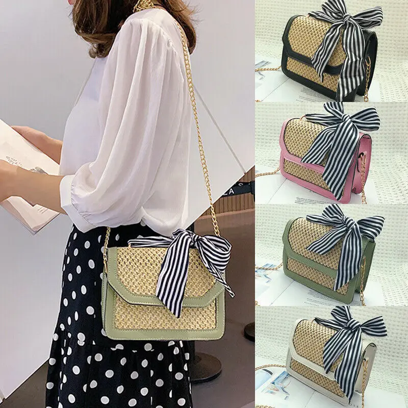 New Women Fashion Straw Shoulder Bag Bowknot Pu Leather Chain Handbag Ladies Bag Shoulder Bags