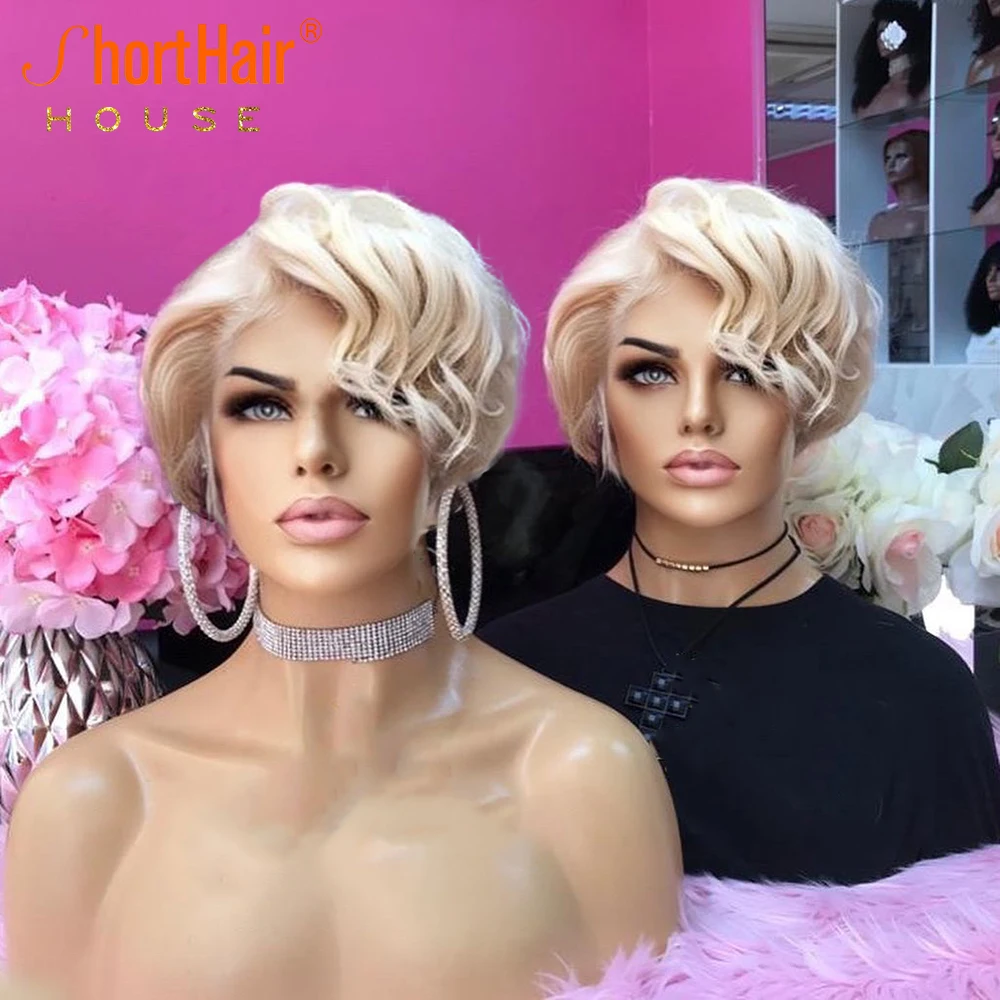 613 Honey Blonde Lace Frontal Wigs For Women Human Hair Pixie Cut Wig Short Curly Wigs 13x6x1 Lace Side Part For Women