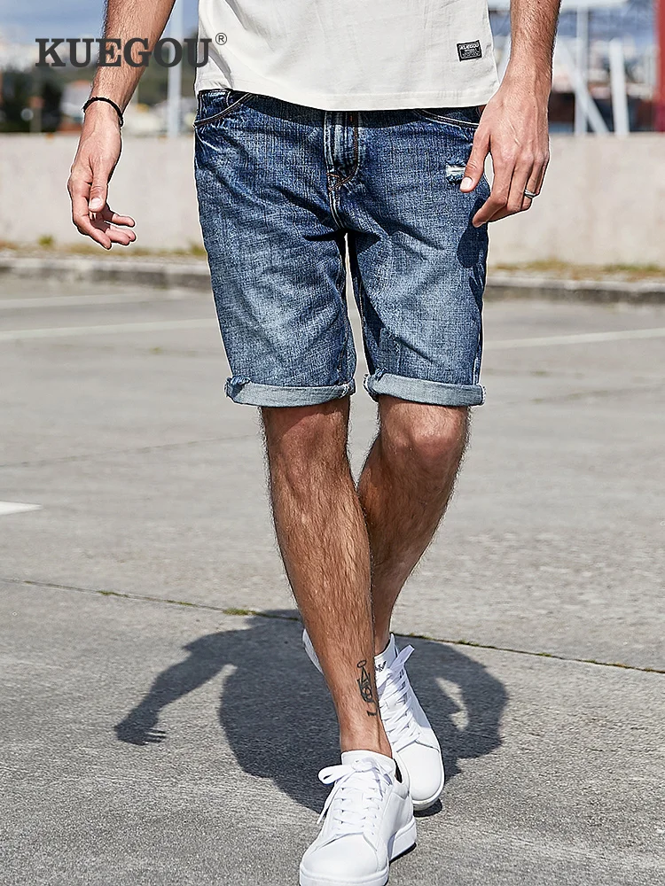 Jeans Shorts Men Pants Straight-Type Mens Summer Fashion 100%Cotton KUEGOU Wash-The-Old-Hole