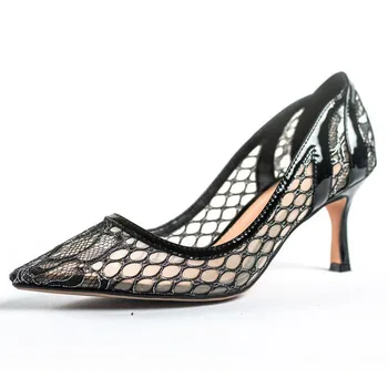 

YourSeason Women Thin Heels Pumps 2020 New Autumn Summer Lace Genuine Leather Female Elegant Casual Sewing Shoes Pointed Toe
