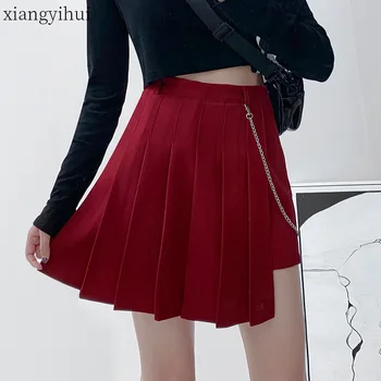 

Black Red Women Mini Pleated Skirts Female Ladies Punk Chain Skirt High Waist Fashion Women's Short Skirt 2020 Summer Clothes