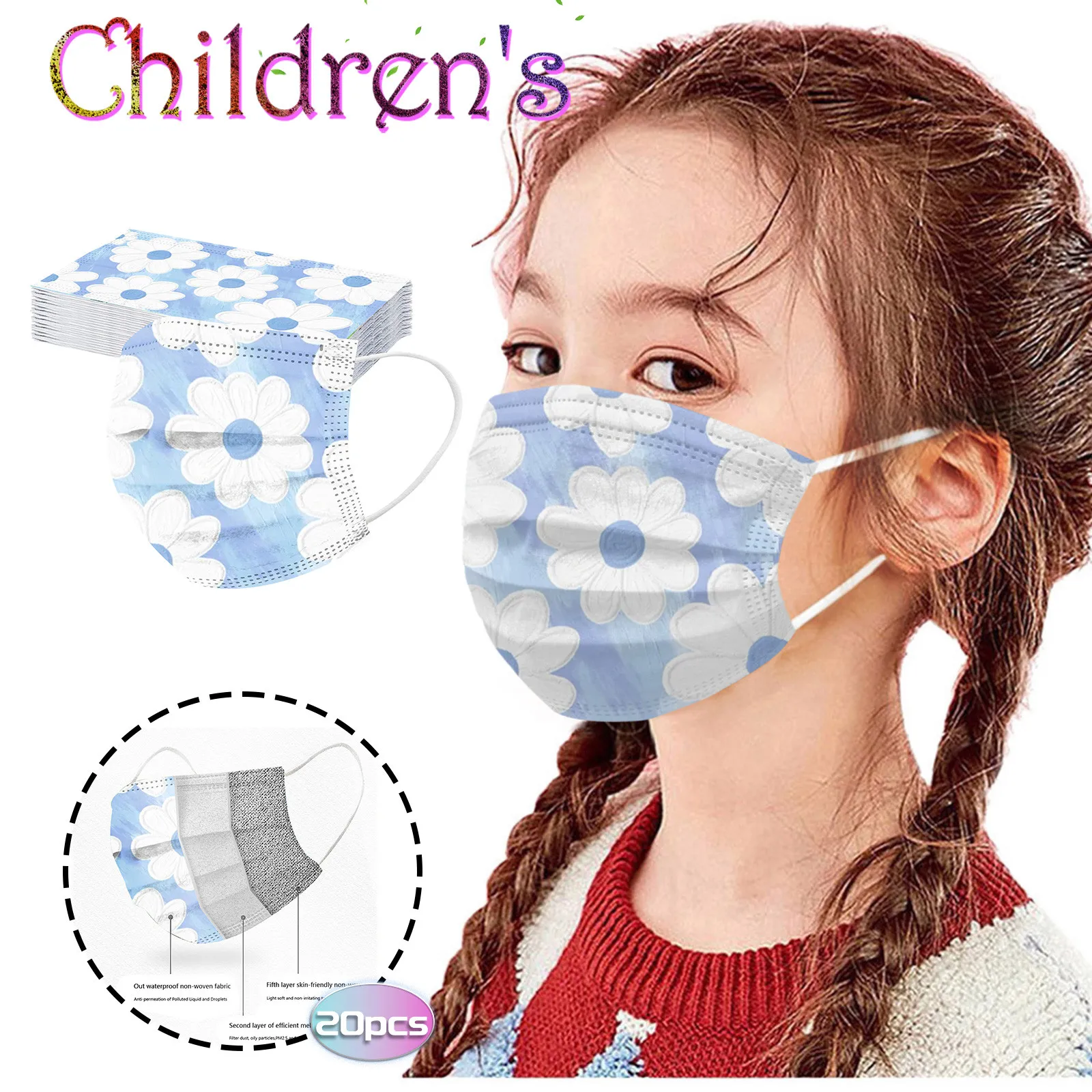 20pc Children Cartoon Print Disposable Face Masks 3 Layers Non-woven Mouth Cover Masks Mascarillas Headband Masque Enfants 3