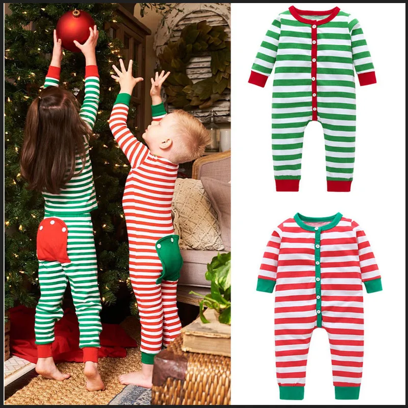 

2020 Hot Baby Christmas Romper Kids Baby Boy Girl Comfy Striped Long Sleeve Back Pocket Cotton Jumpsuits Single Breasted 6M-3Y