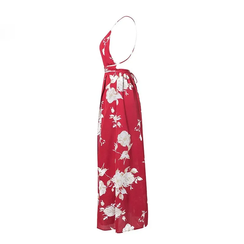 Модные красивые летние Для женщин Boho красный Цветочный принт вечерние сексуальное платье с глубоким v-образным вырезом Разделение длинное платье без рукавов с открытой спиной пляжное платье