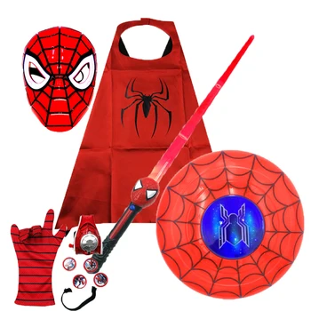 Superhero Spiderman Figurine LED Sound Light Spider Man Mask Shield Sword Toys Glove Launcher Halloween Cosplay Props