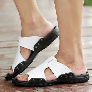 

Big Size 55-52 Mens Sandals Summer Split Leather White Mans Footwear Slip-On Cozy Rubber Sole Beach Shoes For Men Fashion
