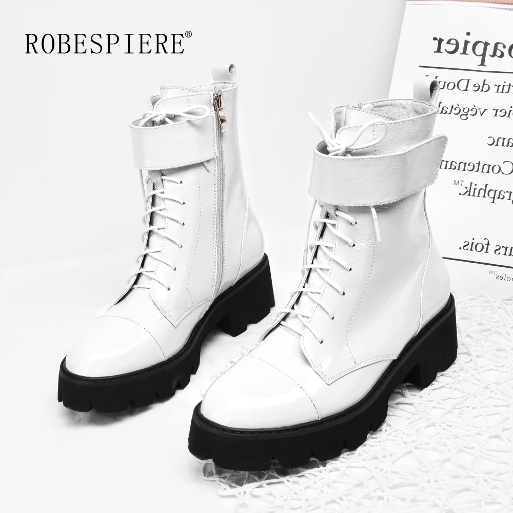 ROBESPIERE, новинка, ботильоны для женщин, лакированная кожа, на платформе, со шнуровкой, женские модные теплые плюшевые зимние ботинки на молнии, B157