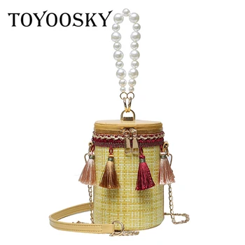 

TOYOOSKYNew Design Tassel Straw Pearl Handle Women Purses and Handbags Bucket Bag Holiday Tote Bag Female Crossbody Bag Shoulder