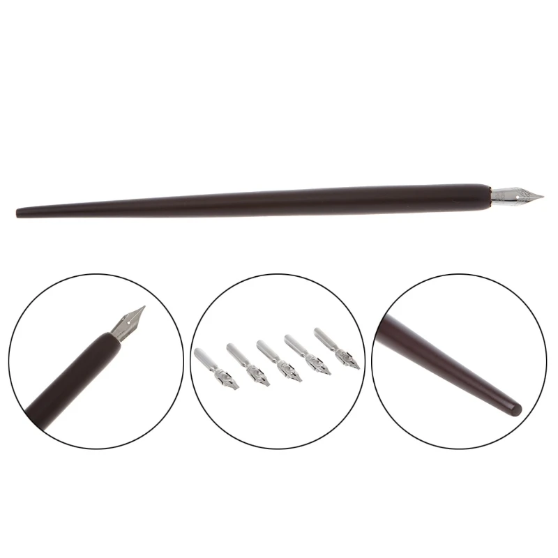 Wood English Calligraphy Pen Copperplate Script Oblique Dip Pen Holder + 5 Nib 87HD