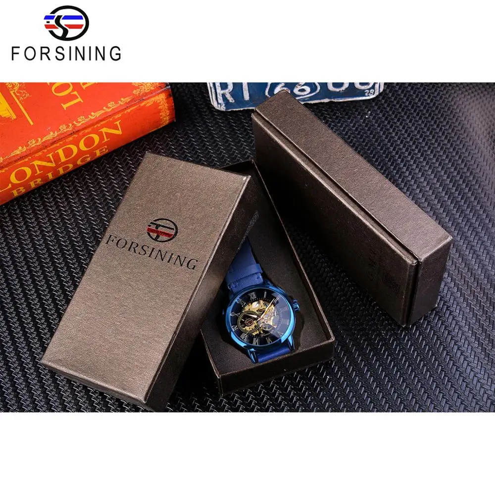 Forsining-Reloj mecánico para Hombre, accesorio masculino de pulsera resistente al agua con correa de cuero genuino, diseño analógico ultrafino, color azul, estilo Casual y deportivo - Imagen 6