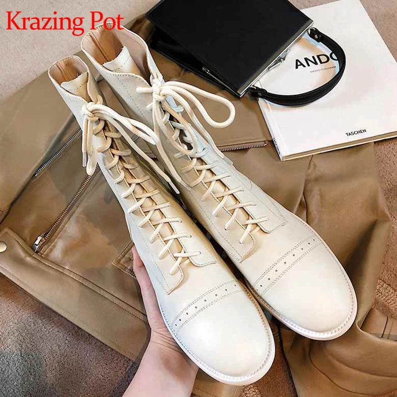 

krazing pot chic design cow leather cross-tied carving round toe keep warm low heels preppy style superstar mid-calf boots l30