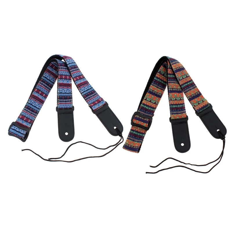 

2 Pcs Adjustable 75-130Cm Ukulele Guitar Strap Cotton Leather Sling Belt Buckle with Tail Nail, Blue & Green