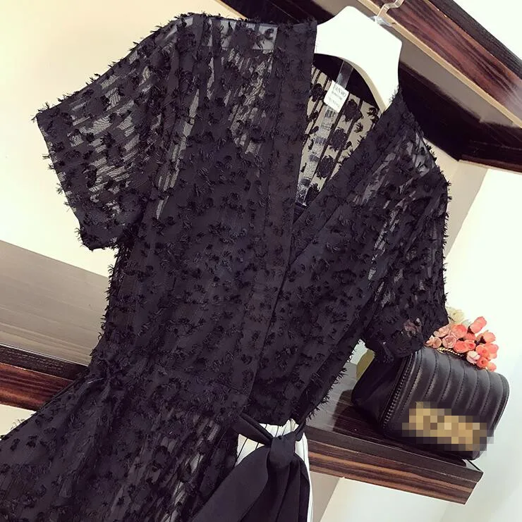 Korea Women Casual Lace Striped Patchwork Dress 2020 Summer 3D Tassel Appliques V-neck Short Sleeve Sashes irregular Dress