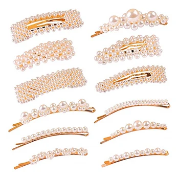 

12 Pieces Elegant Beige Pearls Hair Barrette Geometric Teardrop Party BB Clip Luxury Hair Jewelry For Chic Women Girls