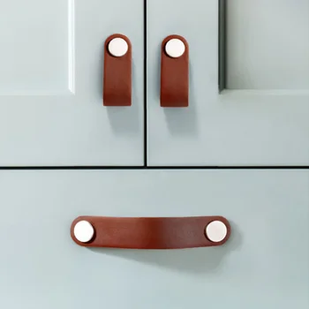 Leather Door Knobs and Handles for Cabinet Kitchen Cupboard Black Brown Furniture Handles Dresser Wardrobe Drawer Pulls