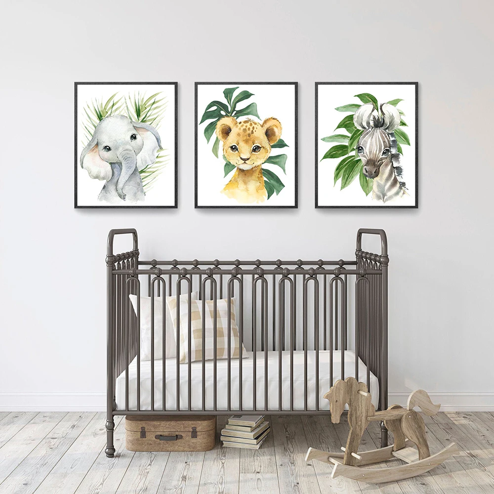 Zebra-Elephant-Lion-Jungle-Nordic-Posters-and-Prints-Green-Leaves-Wall-Art-Canvas-Painting-Pictures-for