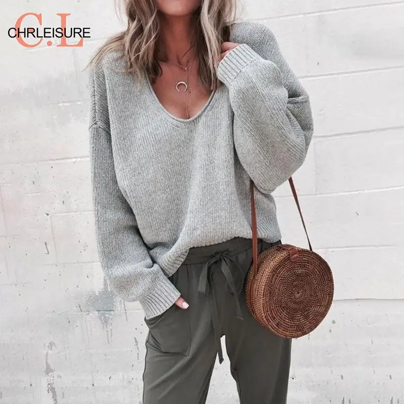 

CHRLEISURE Casual Knitted Sweater Women Streetwear V Neck Long Sleeve Pullovers Loose Solid 2019 Autumn Winter Fashion Sweater
