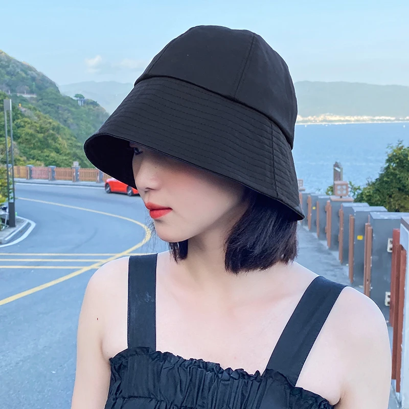 

Black Bucket Hat Women Sun Visor Hat Reversible Foldable Cap Korean Small Brim Fishermen Hat Pasin Chapeau Spring Cotton Banama