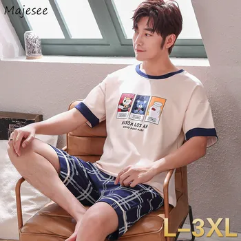 

Pajama Sets Men Summer Short Sleeve Shorts O-neck Printed Plus Size 3XL Cotton Breathable Mens Pajamas Korean Casual Home-wear