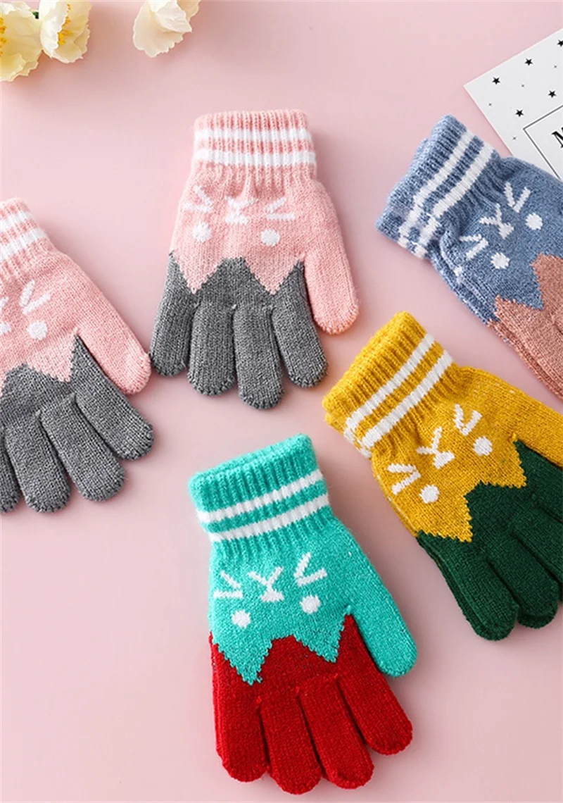 1 Pair Winter Full Finger Gloves Boys Girls Cute Cartoon Cat Gloves Winter Thick Knitted Gloves Warm Gloves For Baby 6-12 Years boots baby accessories	