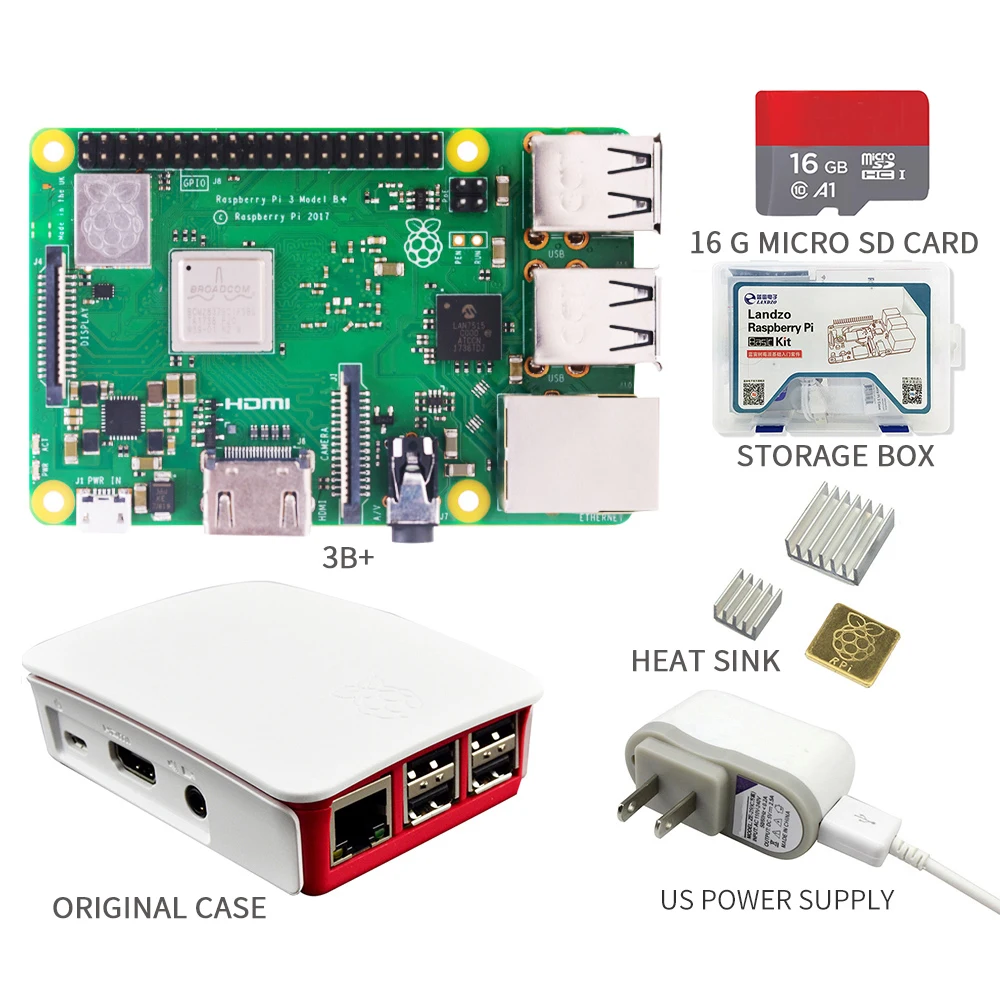 Raspberry Pi 3 Model B+ комплект 16G SD карты+ чехол+ 5 V/2.5A EU/US Питание с кабелем+ теплоотвод