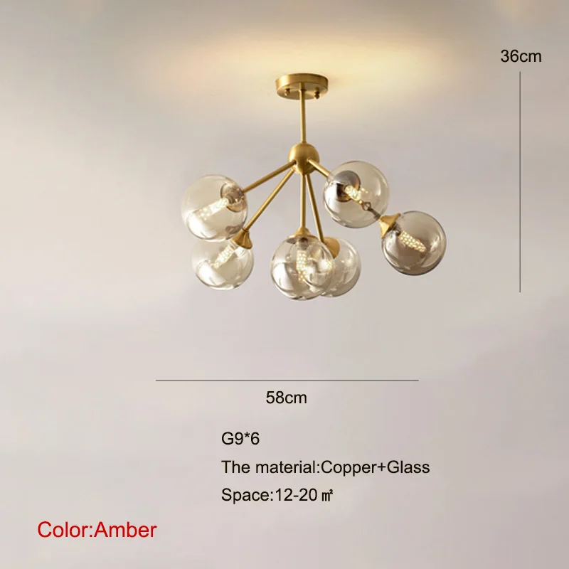 Современная медная потолочная люстра в гостиную подвесной светильник для кухни люстра потолочная в спальню потолочные люстры для гостиной стеклянный шар украшение для дома - Цвет абажура: Amber 6 lights