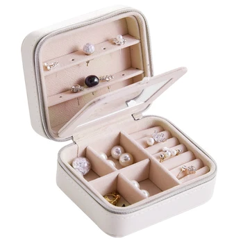 

New Fashion Mini Jewelry Box Portable PU Zipper Travel Earrings Necklace Ring Storage Case jewellery Casket with Mirror